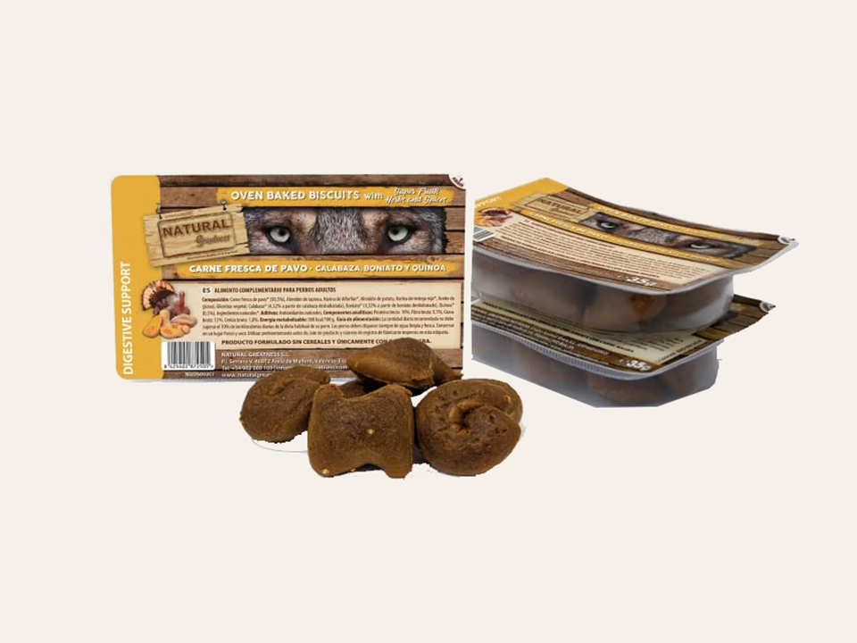 Snack Funcional Rosquillas Horneadas de Pavo, Calabaza, Boniato y Quinoa "SIN CEREALES + DIGESTIVO" para Perro Adulto/Senior cualquier tamaño