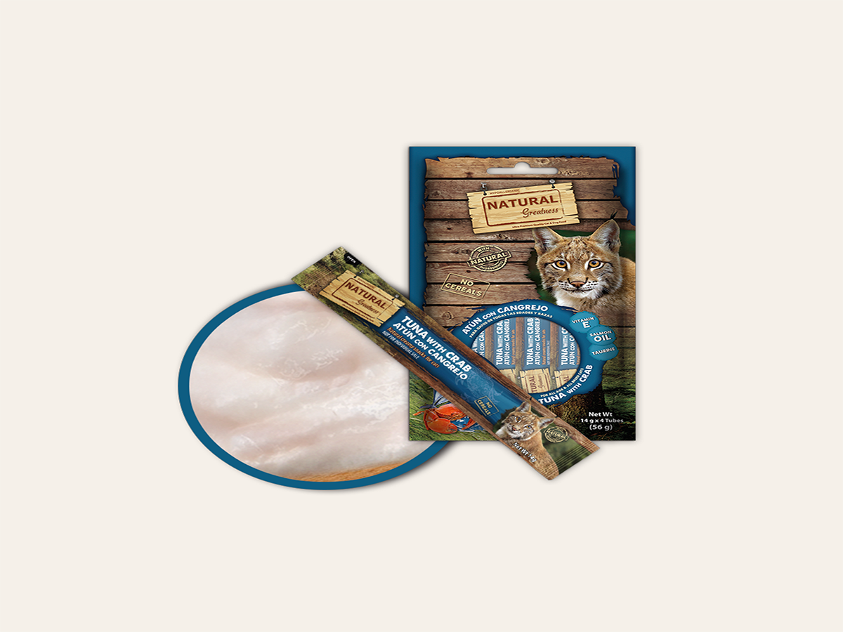 Snack/Topper Complementario Cremoso de ATÚN y CANGREJO "SIN CEREALES + PIEL SANA & REFUERZO INMUNITARIO" para Gato cualquier edad