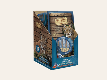 Snack/Topper Complementario Cremoso de ATÚN y CANGREJO "SIN CEREALES + PIEL SANA & REFUERZO INMUNITARIO" para Gato cualquier edad