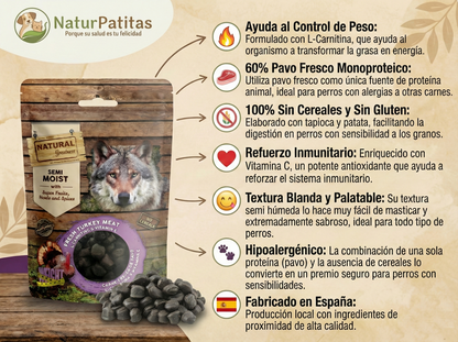 Snack funcional Bolitas de Pavo, Carnitina y Vitamina C "SIN CEREALES + INMUNIDAD & CONTROL PESO" para Perro Adulto/Senior cualquier tamaño