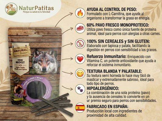 Snack Complementario Funcional Barritas de Pavo, Carnitina y Vitamina C "SIN CEREALES + INMUNIDAD & CONTROL PESO" para Perro Adulto/Senior cualquier tamaño