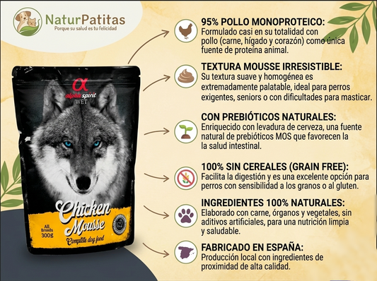 Mousse Completo de Pollo "SIN CEREALES + SALUD INTESTINAL & DIGESTIÓN SENSIBLE" para Perro Adulto/Senior cualquier tamaño
