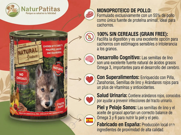 Paté Completo de Pollo SIN CEREALES + DIGESTIÓN ACTIVA y DESARROLLO COGNITIVO para Perro Cachorro cualquier tamaño