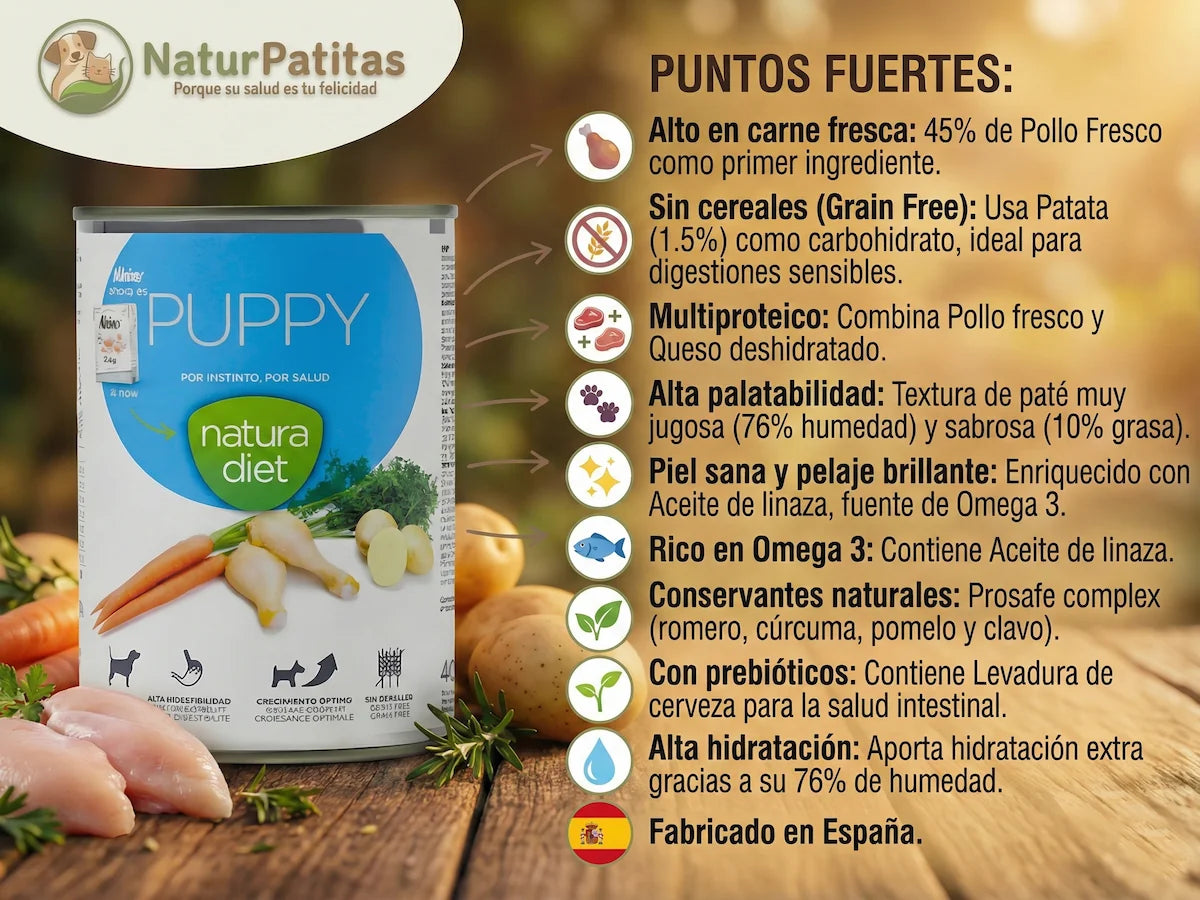 Lata de comida húmeda de Pollo y Queso para Cachorro sin cereales