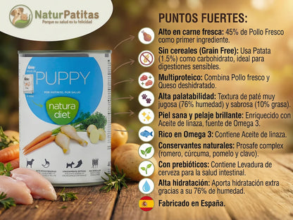 Lata de comida húmeda de Pollo y Queso para Cachorro sin cereales