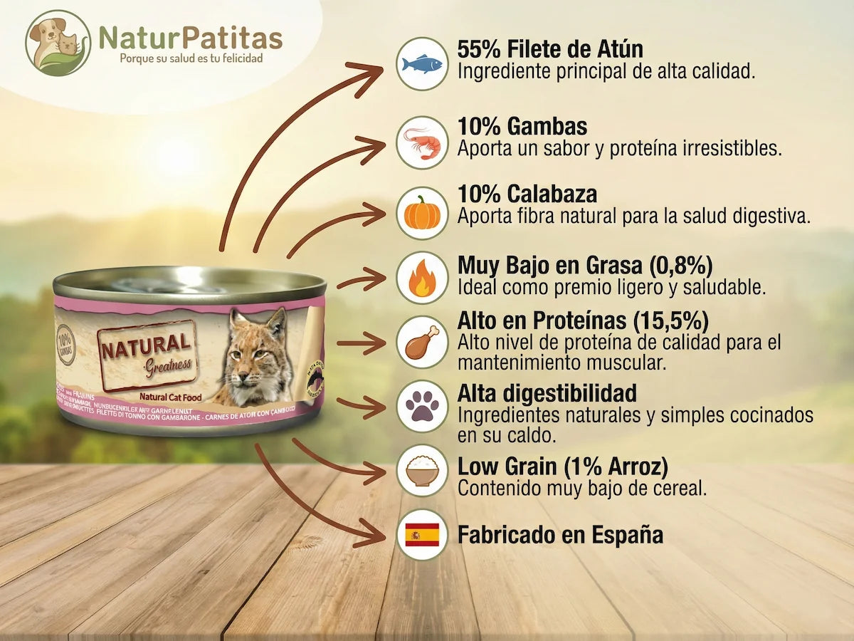 Comida húmeda complementaria de Filete de Atún, Gambas y Calabaza para Gato baja en grasa