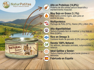 Topper Complementario de Pollo, Huevo y Atún BAJO EN CEREALES SIN GLUTEN + CONTROL DE PESO ACTIVO y DIGESTIÓN SUAVE para Gato Gatito/Adulto/Senior (también Esterilizado)