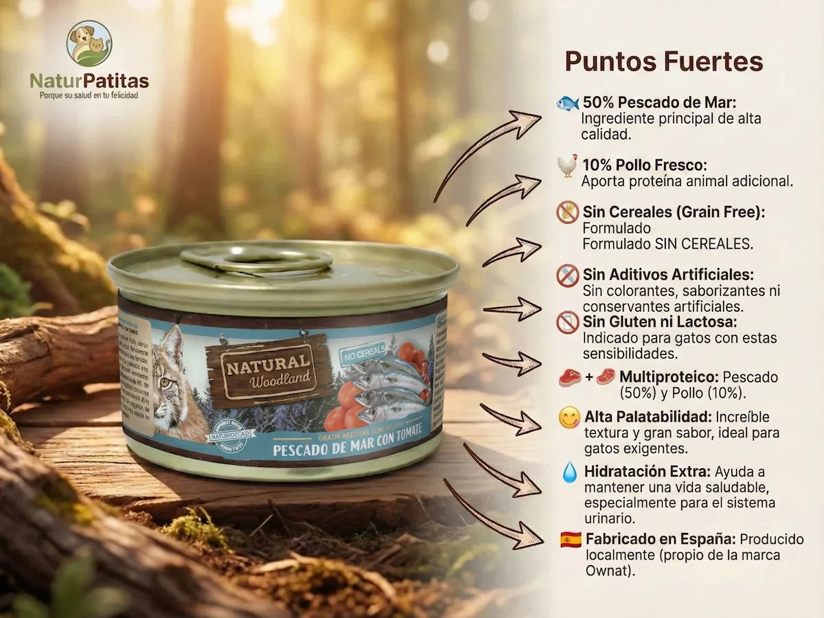 Lata de comida húmeda completa de Pescado de mar y Pollo para Gato textura paté