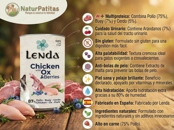 Paté Completo de Pollo y Buey BAJO EN CEREALES SIN GLUTEN + CUIDADO URINARIO y ANTI BOLAS DE PELO para Gato Junior/Adulto (también Esterilizado)
