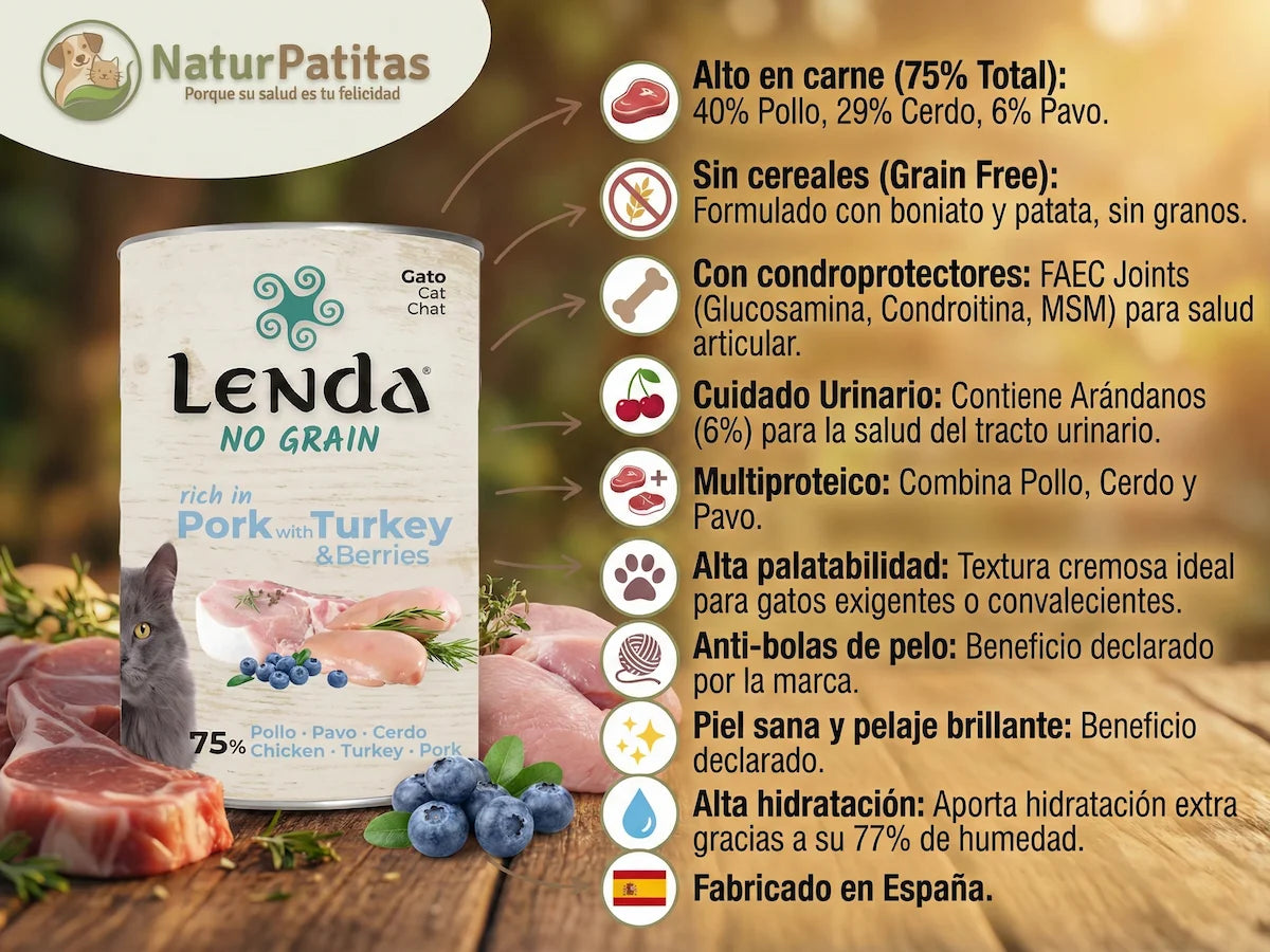 Lata de paté de Pollo y Cerdo para Gato sin cereales con condroprotectores y arándanos