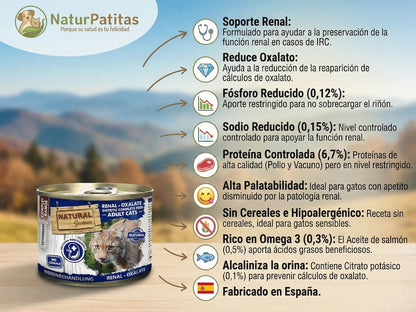 Paté veterinario renal y oxalato con Pollo y Vacuno para Gato sin cereales