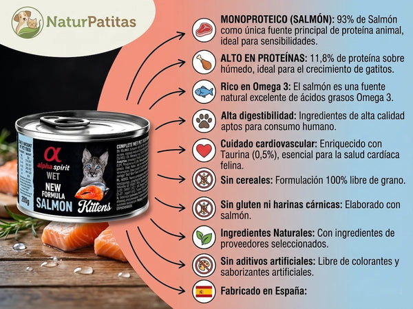 Paté Completo de Salmón SIN CEREALES + DIGESTIÓN SUAVE y PIEL y PELO para Gato Gatito/Adulto/Senior