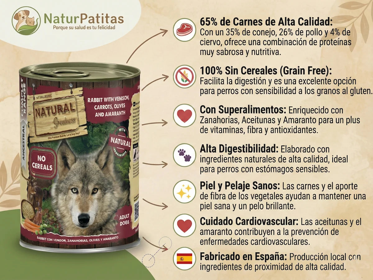 Lata de comida húmeda de Conejo, Pollo y Ciervo con superalimentos para Perro