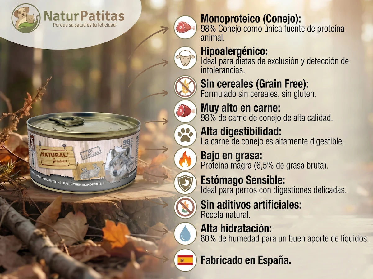 Infografía didáctica de la lata de 200g de Natural Greatness Conejo para perros con estómago sensible. El producto aparece integrado en un entorno de bosque natural con hojas de otoño. Se destacan puntos clave como: monoproteico, 80% de hidratación, sin aditivos artificiales y fabricado en España.