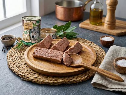 Fotografía de alta calidad de la comida húmeda Natural Greatness Cordero Monoproteico para perros. Se presentan las latas de 400g y 200g (gama verde) junto a porciones de paté carnoso en una tabla de madera redonda. La escena incluye una cuchara de madera, romero fresco y aceite de oliva en un entorno de cocina rústica y luminosa.