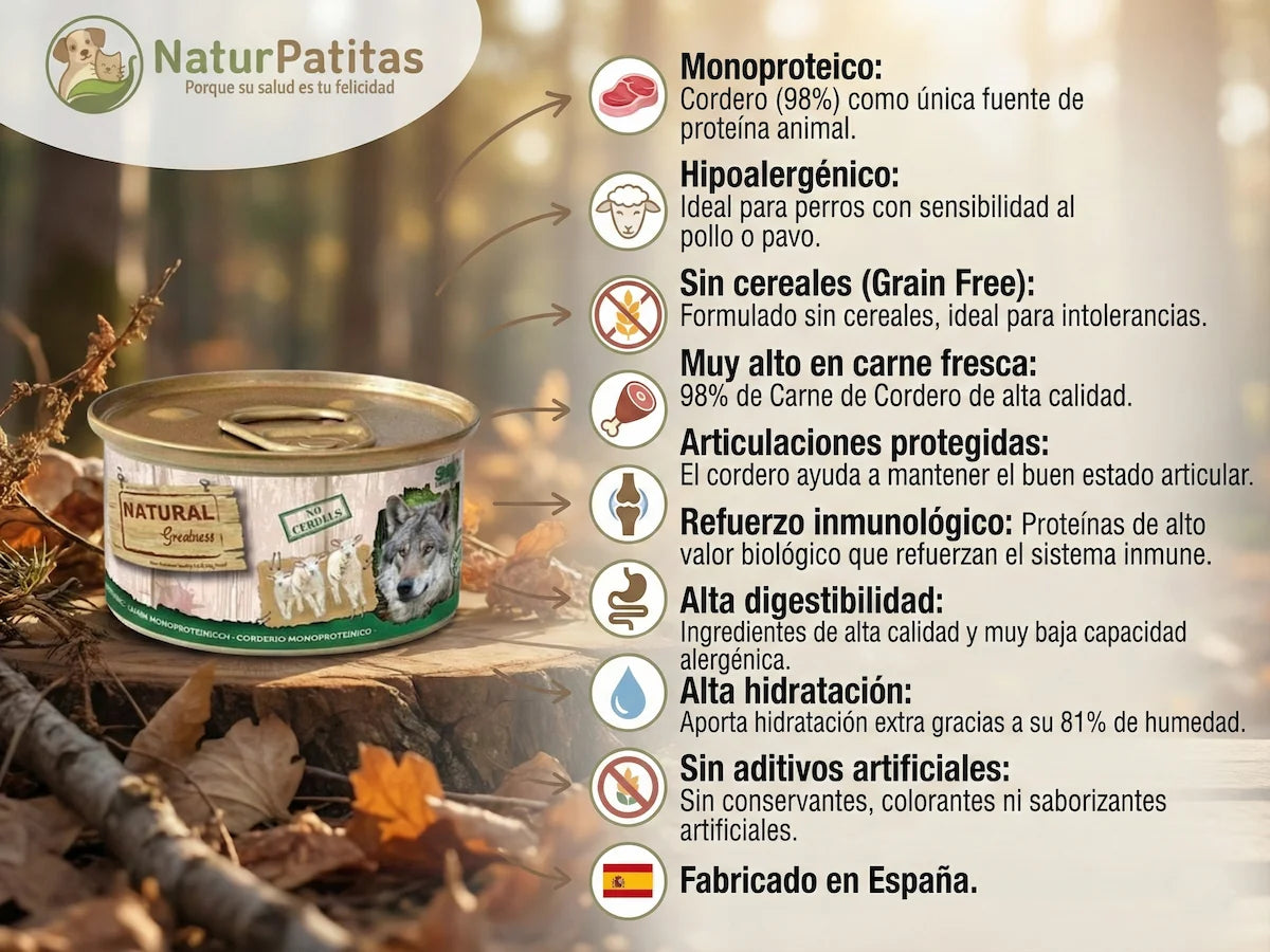 Lata de comida húmeda completa de Cordero 98% para Perro monoproteica y sin cereales