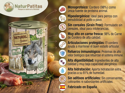 Lata de comida húmeda completa de Cordero 98% para Perro monoproteica y sin cereales