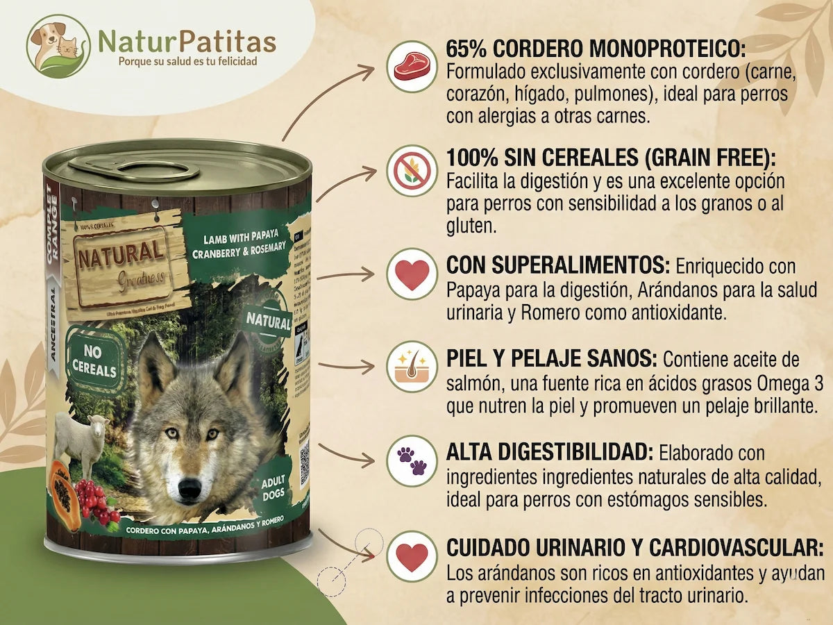 Lata de comida húmeda de Cordero con Papaya y Arándanos para Perro monoproteica