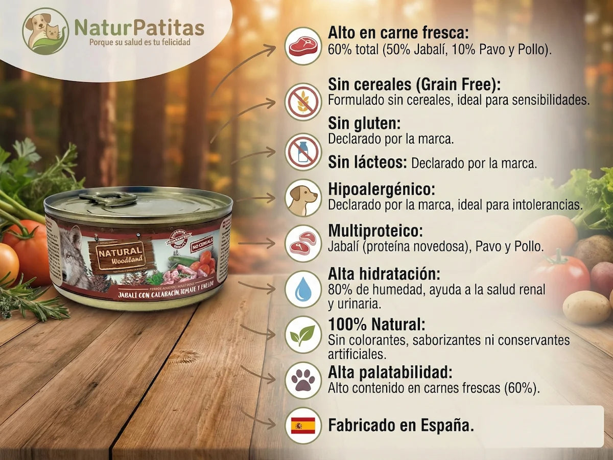 Lata de comida húmeda natural de Jabalí fresco para Perro sin cereales ni gluten