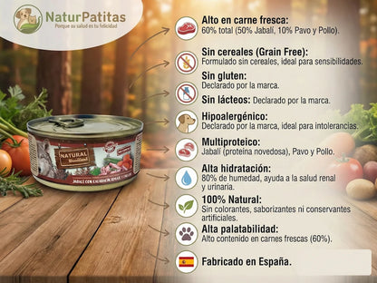 Lata de comida húmeda natural de Jabalí fresco para Perro sin cereales ni gluten