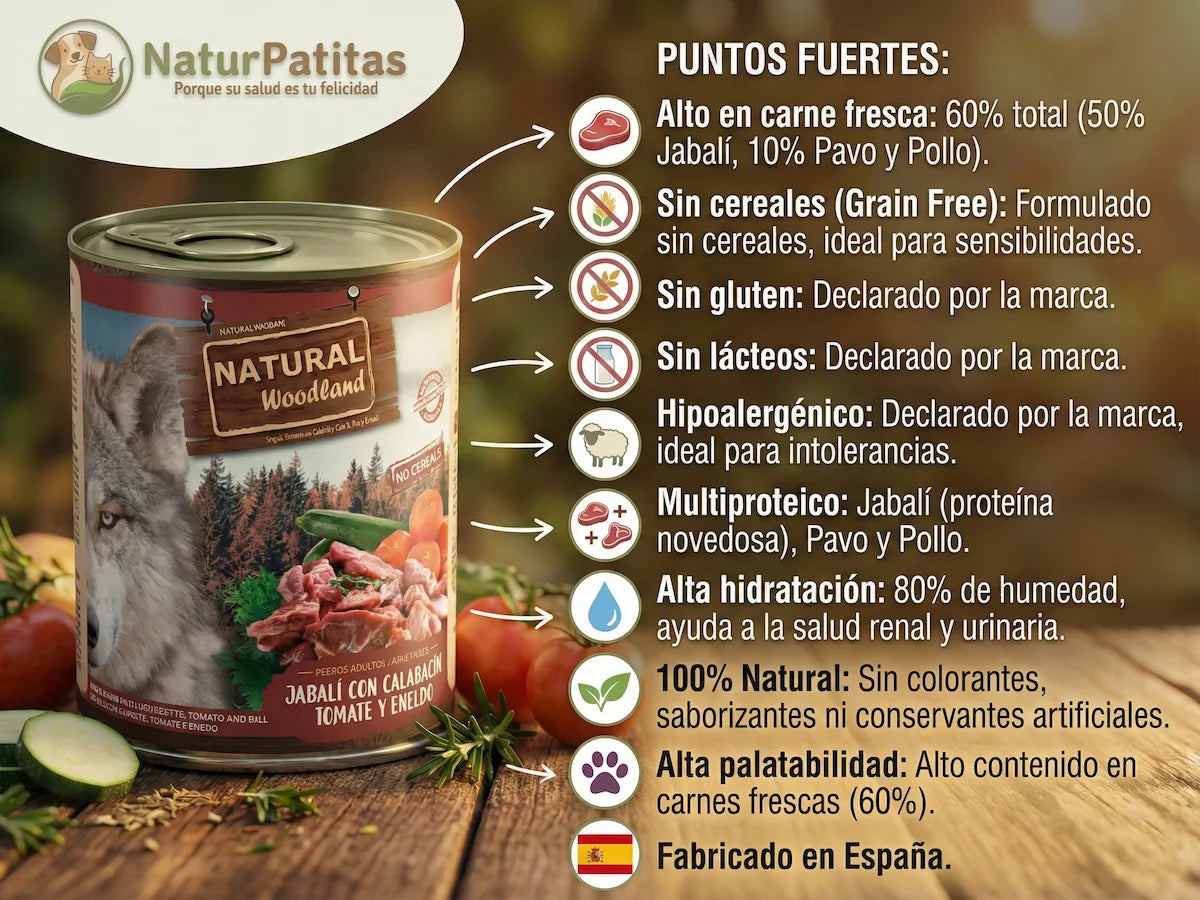 Lata de comida húmeda natural de Jabalí fresco para Perro sin cereales ni gluten