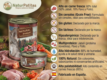 Lata de comida húmeda natural de Jabalí fresco para Perro sin cereales ni gluten