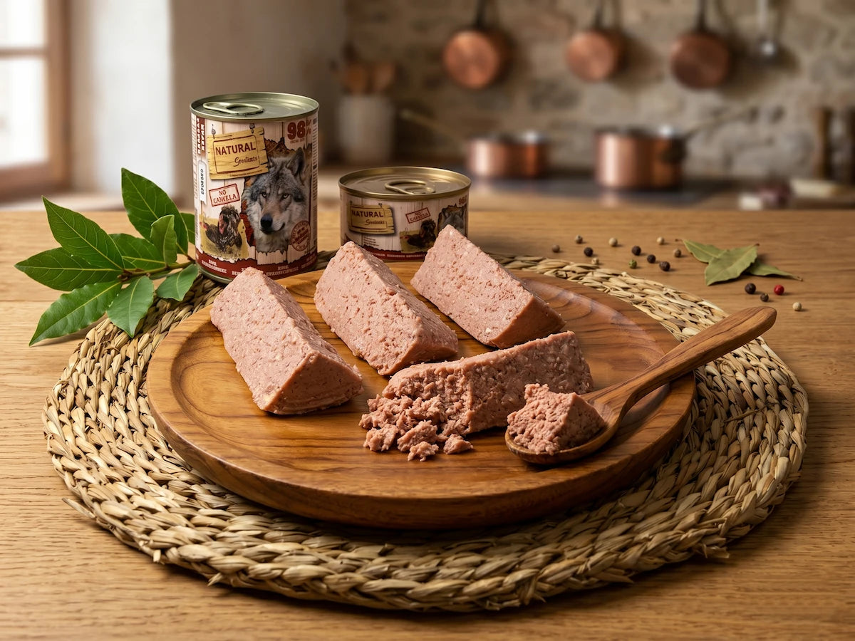 Fotografía realista de presentación de comida húmeda para perros Natural Greatness, gama roja monoproteica. Se muestran las latas de 400g y 200g con el diseño original de lobo y pollo, junto a porciones de paté de carne sobre una tabla de madera redonda. Decoración rústica con salvamanteles de mimbre, laurel y fondo de cocina con ollas de cobre.