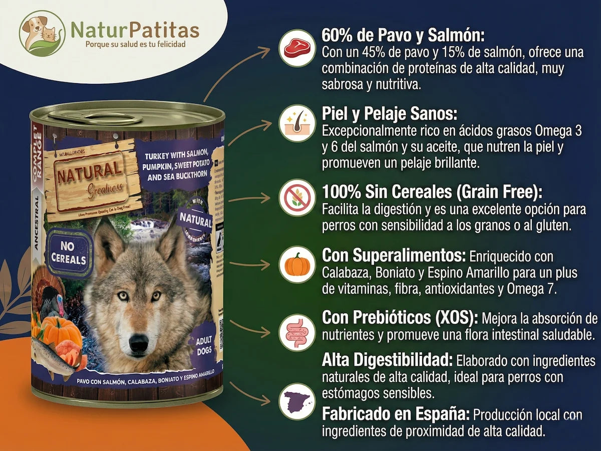 Lata de comida húmeda de Pavo y Salmón con calabaza para Perro adulto