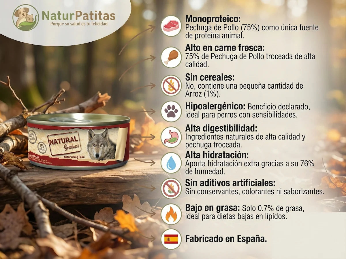 Lata de comida húmeda natural de Pechuga de Pollo para Perro baja en grasa