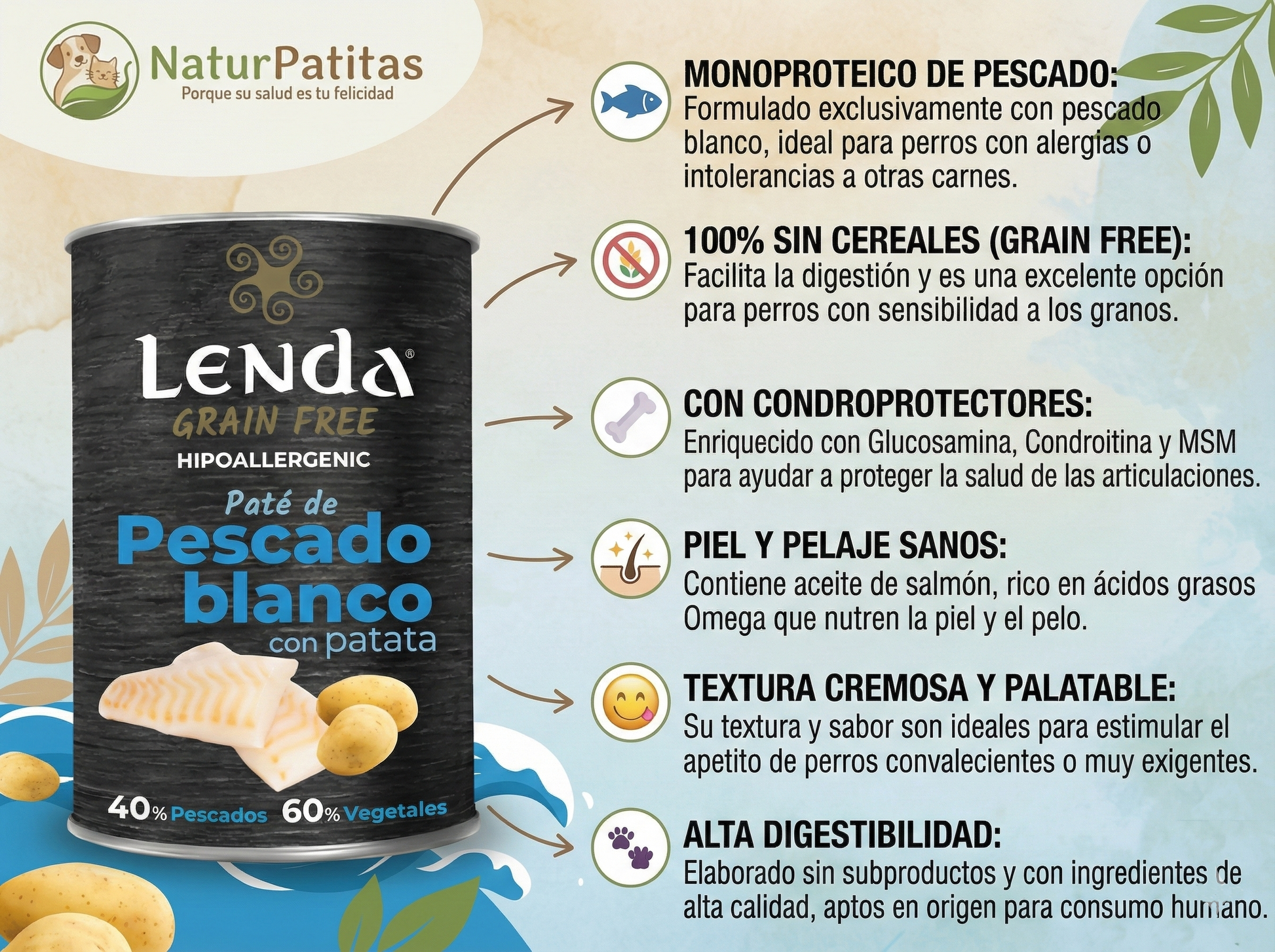 Lata de comida húmeda de Pescado Blanco y Patata para Perro hipoalergénica con condroprotectores