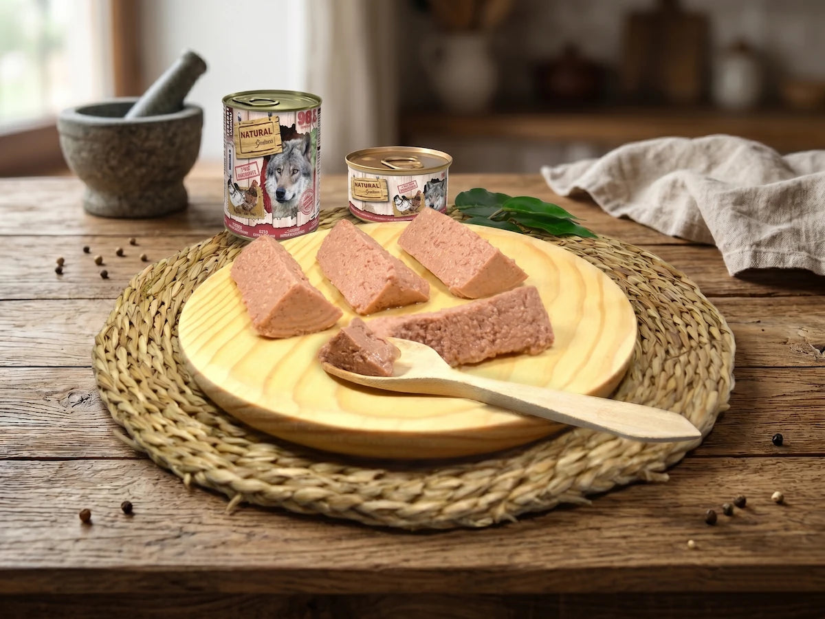 Fotografía profesional y realista de la comida húmeda Natural Greatness (gama roja). Se muestran dos latas de paté monoproteico junto a una tabla de madera con el alimento cortado en bloques, resaltando su textura carnosa y natural. La escena, de estilo rústico, incluye un mantel de mimbre, una cuchara de madera y un fondo de cocina acogedora con un mortero de piedra.