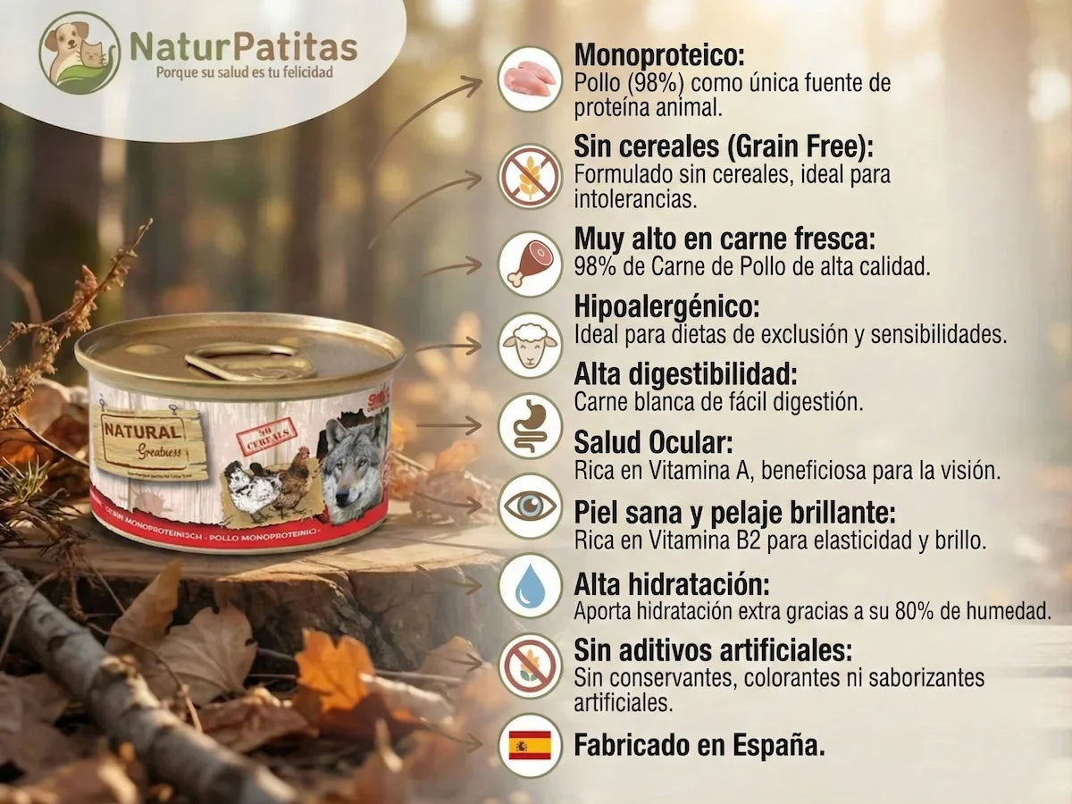 Lata de comida húmeda completa de Pollo 98% para Perro monoproteica y sin cereales