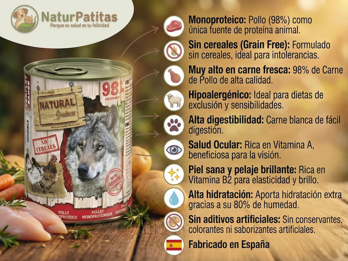 Lata de comida húmeda completa de Pollo 98% para Perro monoproteica y sin cereales