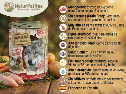 Lata de comida húmeda completa de Pollo 98% para Perro monoproteica y sin cereales