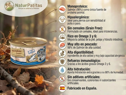 Lata de comida húmeda completa de Salmón 98% para Perro monoproteica y rica en Omega 3
