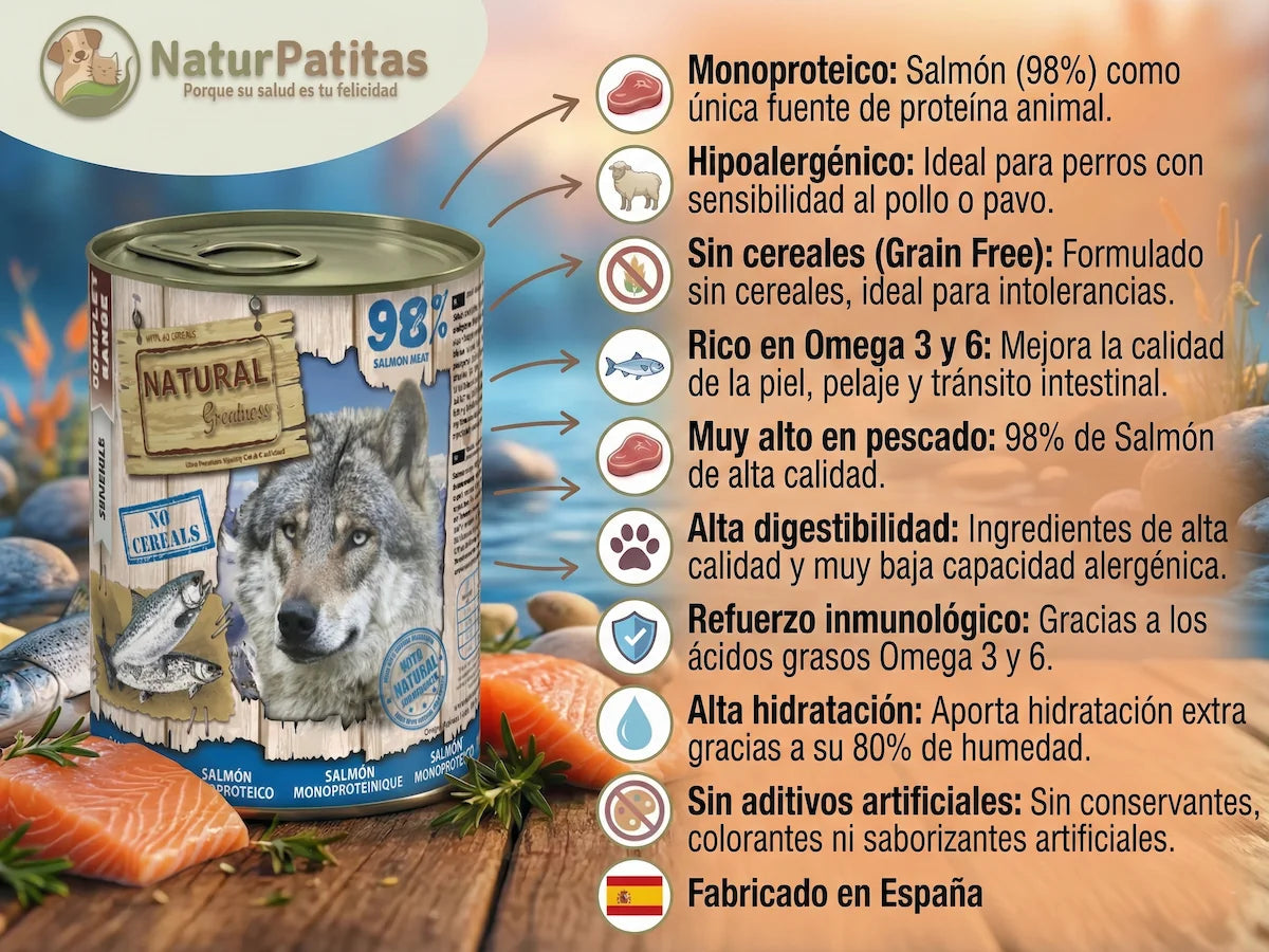 Lata de comida húmeda completa de Salmón 98% para Perro monoproteica y rica en Omega 3