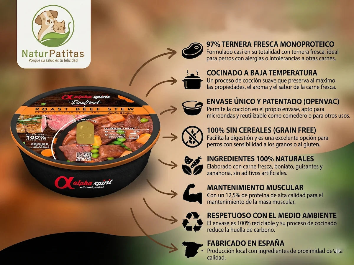 Envase de comida húmeda de Ternera fresca al 97% para Perro monoproteico y natural
