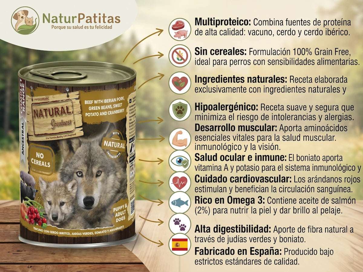 Paté Completo de Vacuno y Cerdo SIN CEREALES + ALTA DIGESTIBILIDAD y OMEGA 3 para Perro Cachorro/Junior/Adulto cualquier tamaño