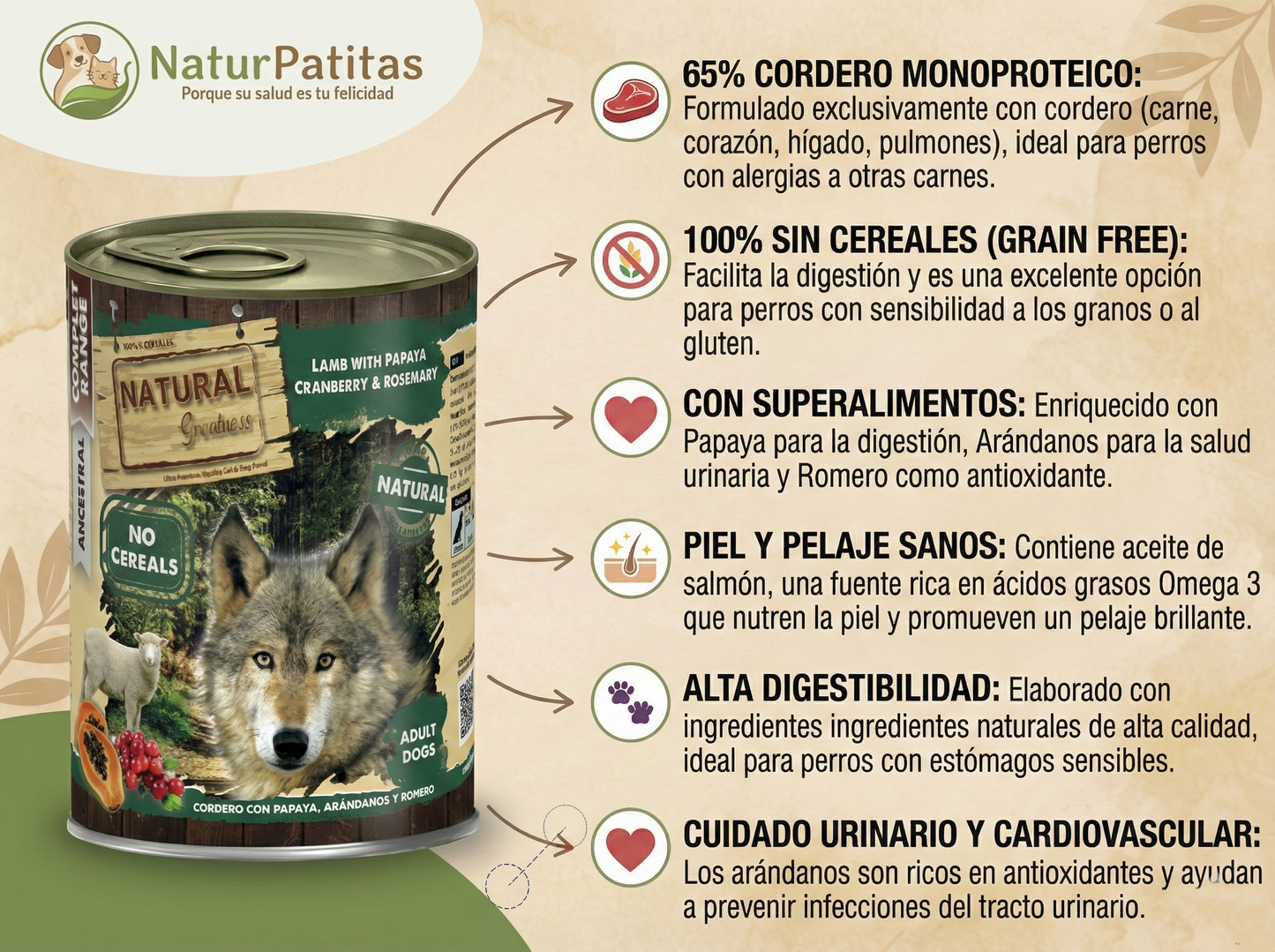 Paté Completo de Cordero con Papaya "SIN CEREALES + DIGESTIVO & PIEL SANA" para Perro Adulto/Senior cualquier tamaño