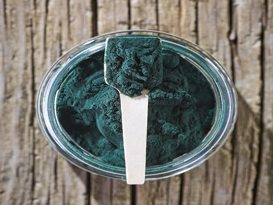 Vista cenital de un tarro de cristal lleno de espirulina verde en polvo con una cuchara dosificadora de madera, suplemento natural para mascotas.