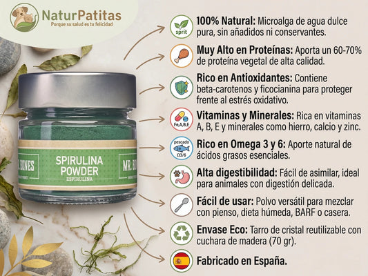 Tarro de cristal con suplemento de espirulina en polvo 100% natural para perros y gatos de NaturPatitas, rico en proteínas.