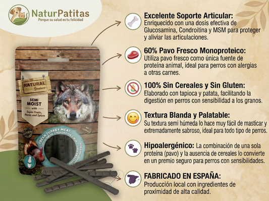 Snack Complementario Funcional Barritas de Pavo "SIN CEREALES + ARTICULACIONES & DIGESTIÓN" para Perro Adulto/Senior cualquier tamaño