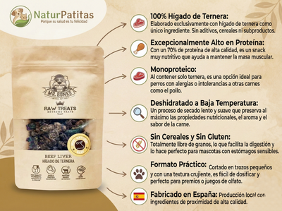 Snack Funcional Deshidratado de Hígado de Ternera "SIN CEREALES+ SALUD DENTAL & APORTE DE HIERRO" para Perro & Gato