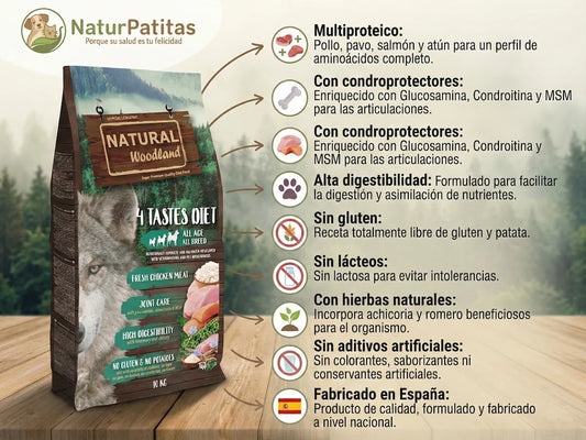 Infografía detallada de los beneficios del pienso para perros Natural Woodland 4 Tastes Diet de la tienda NaturPatitas. Muestra el saco de pienso junto a iconos explicativos que destacan sus características principales: receta multiproteica, alta digestibilidad, inclusión de condroprotectores y hierbas naturales, fórmula sin gluten, sin lácteos, sin aditivos artificiales y fabricado en España.