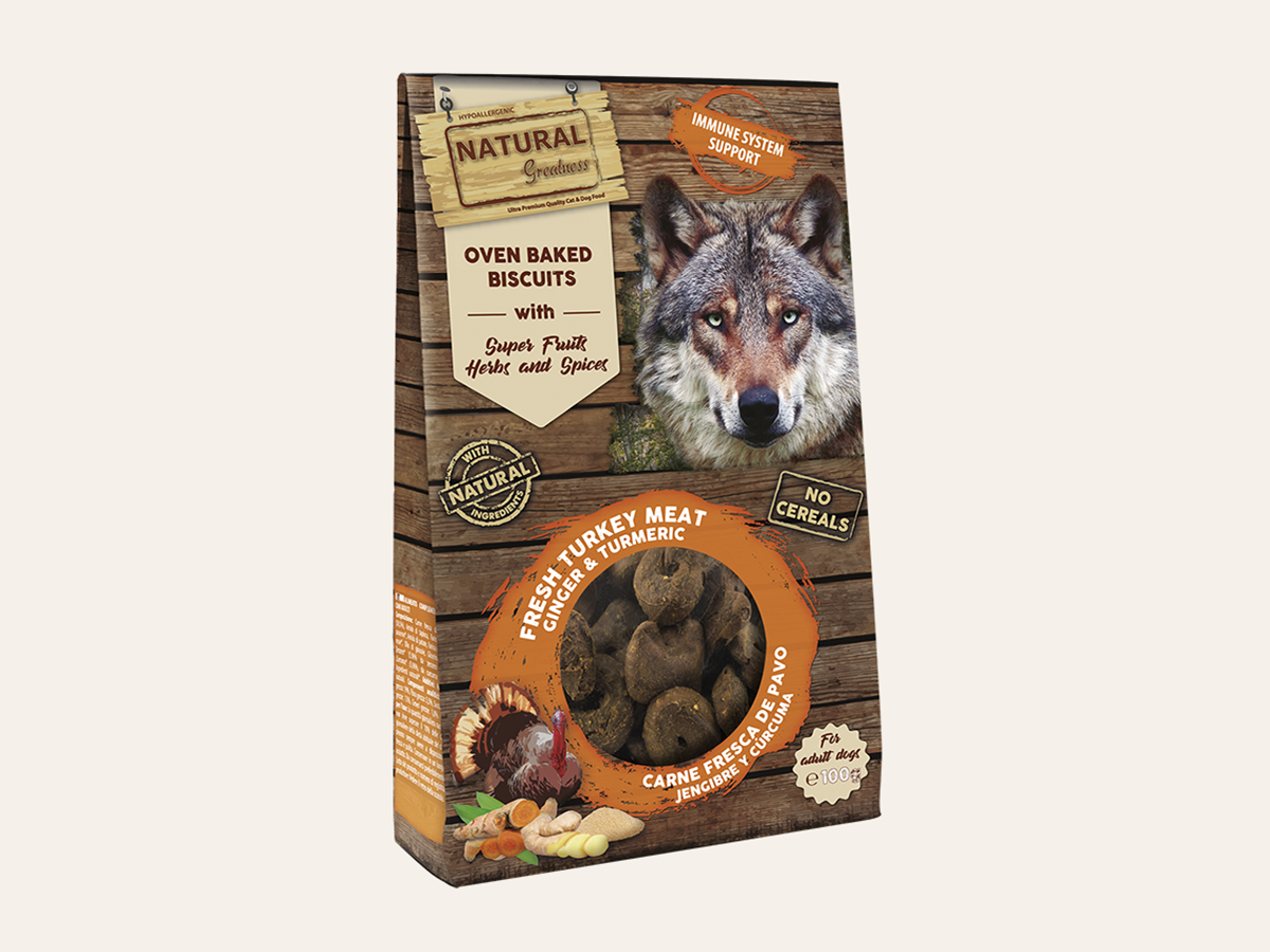 Snack Funcional Galletas Horneadas de Pavo, Jengibre y Cúrcuma "SIN CEREALES + INMUNITARIO & ANTIINFLAMATORIO" para Perro Adulto/Senior cualquier tamaño