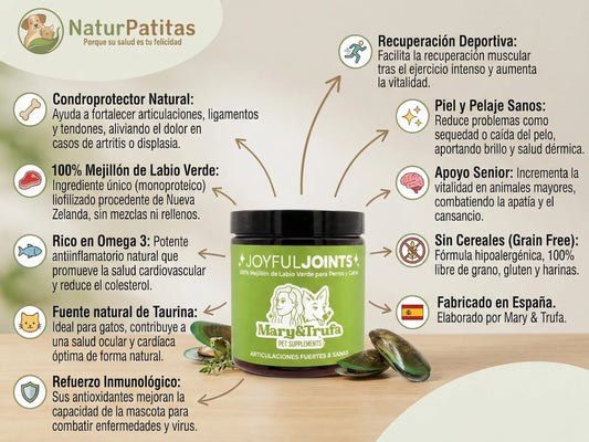 Bote de Joyful Joints Mary & Trufa: Suplemento condroprotector 100% Mejillón de Labio Verde liofilizado. Antiinflamatorio natural rico en Omega 3 para las articulaciones de perros y gatos, disponible en NaturPatitas.