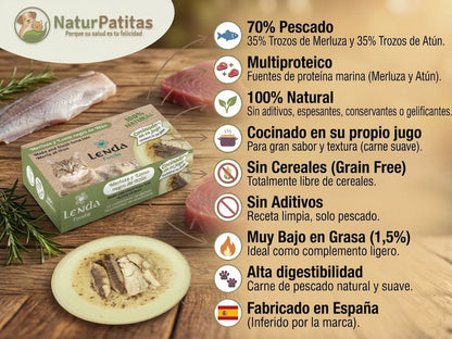 Alimento húmedo para gatos Lenda Foodie de Merluza y Lomo negro de Atún de la tienda NaturPatitas. La imagen muestra la caja del producto y un plato con el pescado troceado en su jugo sobre una mesa de madera con ingredientes frescos de fondo. A la derecha, iconos con texto detallan sus beneficios principales: 70% pescado (merluza y atún), multiproteico, 100% natural, cocinado en su propio jugo, sin cereales (grain free), sin aditivos, muy bajo en grasa (1,5%), alta digestibilidad y fabricado en España.