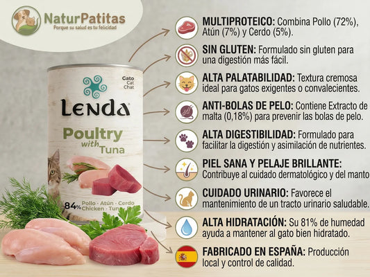 Infografía de producto de comida húmeda para gatos Lenda "Poultry with Tuna" (Aves con Atún) de NaturPatitas. En el centro-izquierda, una lata de comida para gatos con una etiqueta que muestra un gato, el logo de Lenda y el texto "Poultry with Tuna". La etiqueta destaca "84% Pollo · Atún · Cerdo". Debajo de la lata, sobre una superficie de madera clara, hay ingredientes crudos realistas: filetes de pollo y lomos de atún, acompañados de eneldo fresco y perejil. En la esquina superior izquierda está el logo c