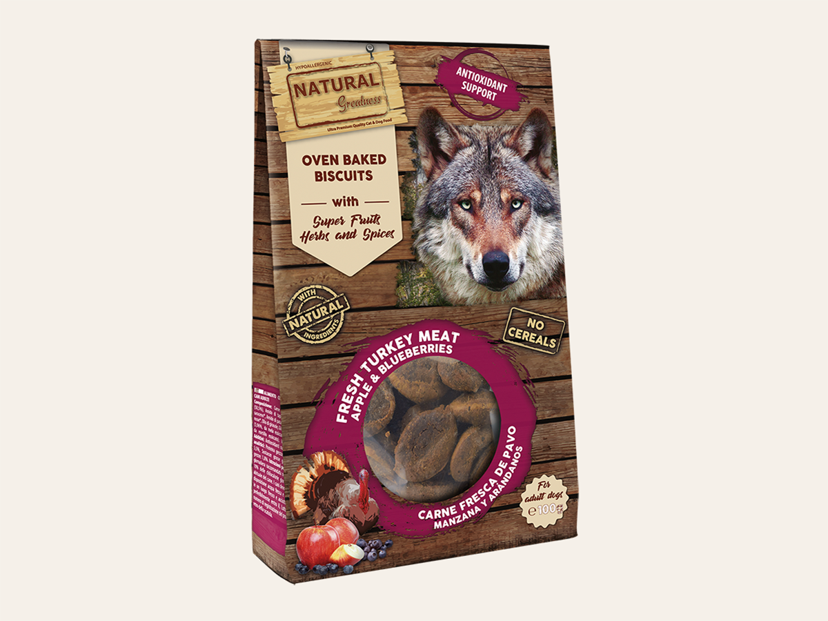Snack Funcional Galletas Horneadas de Pavo, Manzana y Arándanos "SIN CEREALES + ANTIOXIDANTE & DIGESTIVO" para Perro Adulto/Senior cualquier tamaño