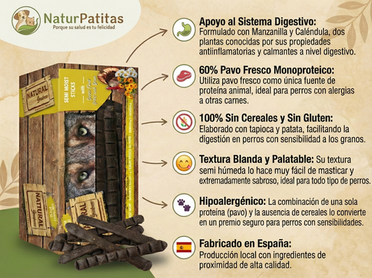 Snack Complementario Funcional Barritas de Pavo, Manzanilla y Caléndula "SIN CEREALES + RELAJANTE & APOYO DIGESTIVO" para Perro Adulto/Senior cualquier tamaño